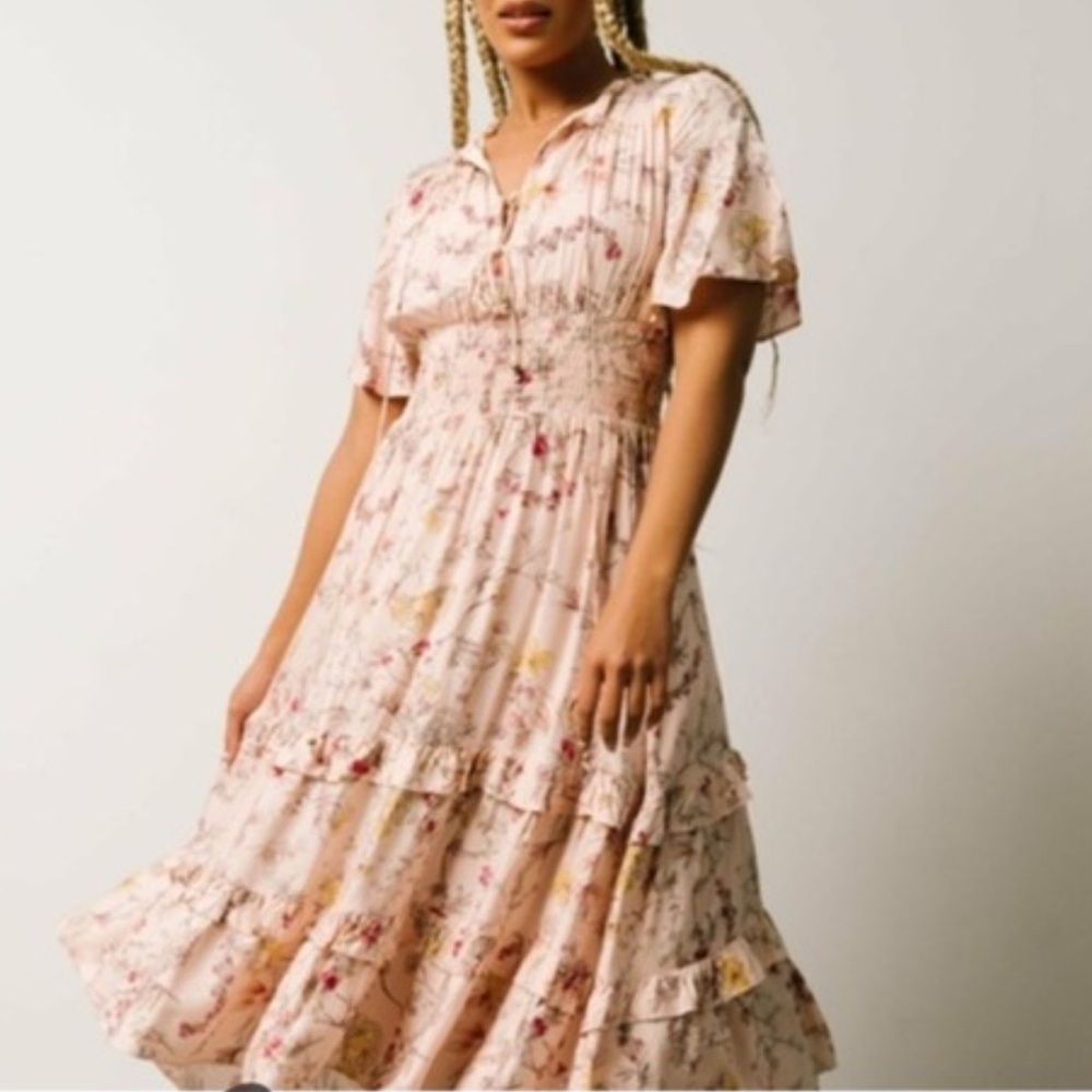 Baltic Born Flutter Sleeve Floral Pink Peach Boho Maxi Dress L